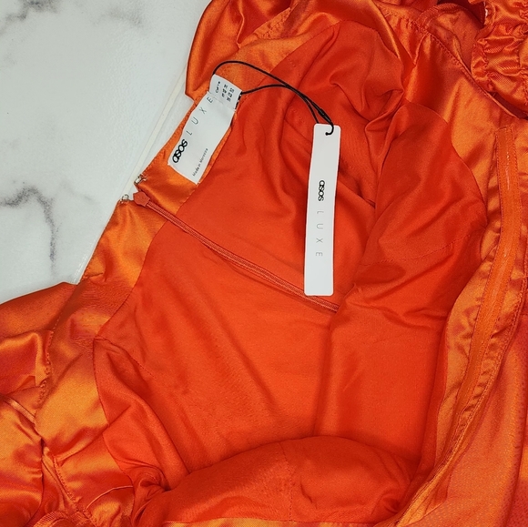 ASOS LUXE Curve belted drama sleeve structured satin midi dress in hot orange - Picture 5 of 10